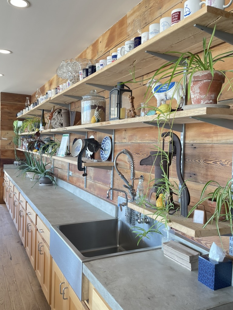Shelves in the demo kitchen at Bellwether Farm.